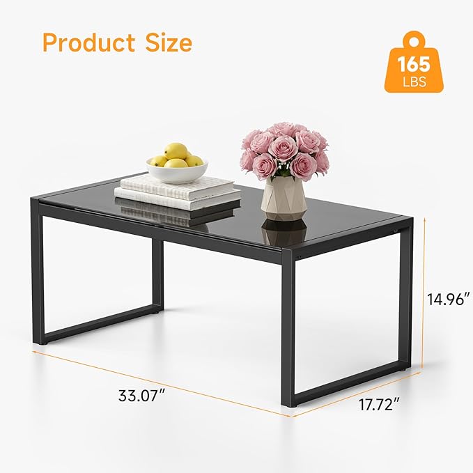 ONBRILL Rectangle Coffee Table with Tempered Glass Desktop, Galvanized Frame Outdoor Coffee Table with Adjustable Feet for Patio, Balcony, Deck, Living Room, Black ONBRILL