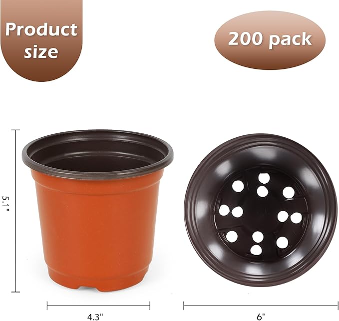 200 Pack 6 Inch Plastic Nursery Pots for Plants, Seedling Pots Succulent Pots Flower Pots with Drainage Holes, Come with 200pcs Plant Labels Hemikaki