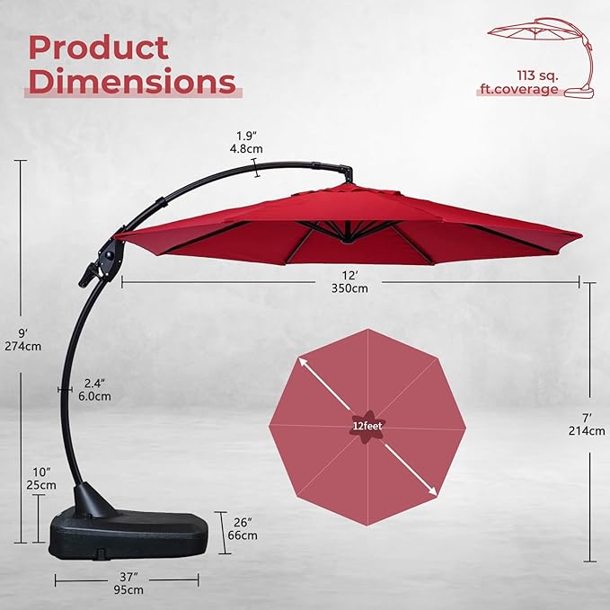 Grand patio 12FT Outdoor Cantilever Umbrella Large Round Aluminum Offset Umbrella with Base for Garden Deck Patio (Red, 12 FT) GrandPatio