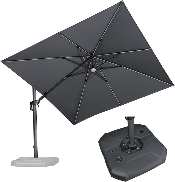 PURPLE LEAF 10 Feet Patio Umbrella with Base Outdoor Cantilever Solar Powered LED Swivel Square Umbrella Aluminum Offset Umbrella with 360-degree Rotation for Garden Deck Pool Patio Light Grey PURPLELEAF