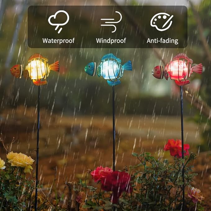 Fish 3Pack 21.3''H Outdoor Figurine Lights, Multicolor Clownfish Solar Garden Decor with Led Lights, Decorative Garden Stake for Yard, Patio, Lawn SATHGA