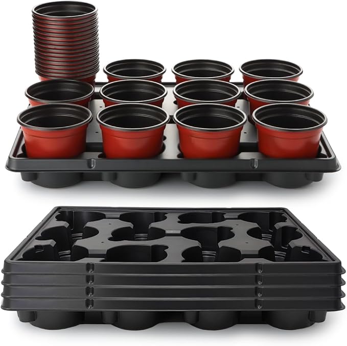 4 inch Round Nursery Pots 60pcs, 12 Cell Nursery Pots Trays 5 Pcs, Sturdy Seeds Starting Germination Shuttle Carrying Trays, Small Planter Nursery Propagation 5 Sets RooTrimmer