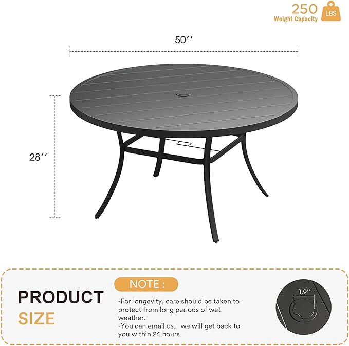 VICLLAX 50" Outdoor Round Patio Table with Umbrella Hole, All Weather Metal Round Outdoor Dining Table for Lawn Garden, 6-8 Person Table, Black HOME