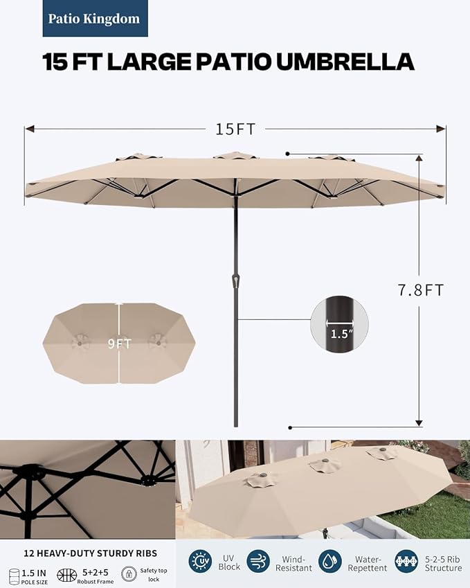 7-Piece White Outdoor Dining Set with White 15FT Large Patio Umbrella, 75.2'' HDPE Table & Chairs for 6, Weather-Resistant Furniture with Umbrella Hole for Patio, Lawn, Poolside PatioKingdom