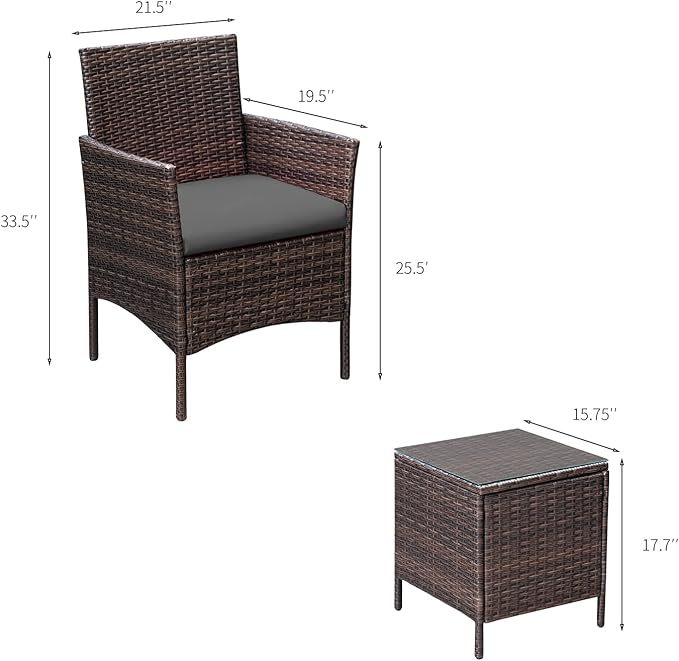 Greesum 3 Pieces Patio Furniture Sets Outdoor PE Rattan Wicker Chairs with Soft Cushion and Glass Coffee Table for Garden Backyard Porch Poolside, Brown and Gray BuynowfromGreesum
