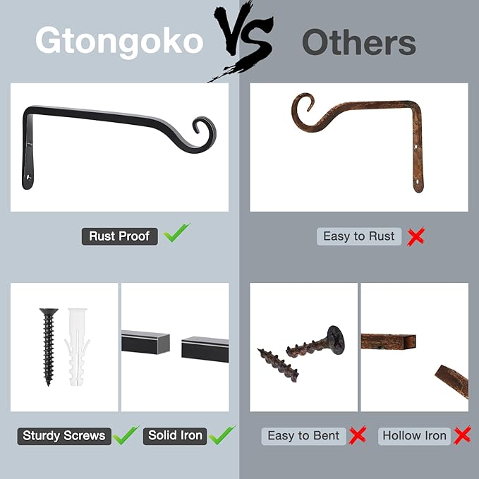 Gtongoko 2 Pack 10 Inch Metal Plant Hangers Wall Hooks for Hanging Plant Brackets, Outdoor Hooks for Hanging Bird Feeders, Flower Baskets, Lanterns, Wind Chinme, Solar Lamps Gtongoko