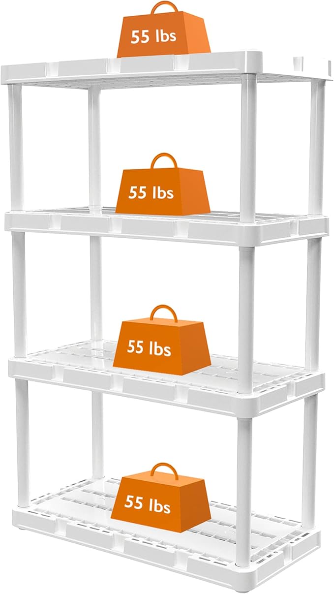 Gracious Living 2 Pack Light Duty Storage Shelves, Knect-A-Shelf 4-Shelf Ventilated Shelving Rack Organizer for Home, Garage, Basement & Laundry, White GraciousLiving