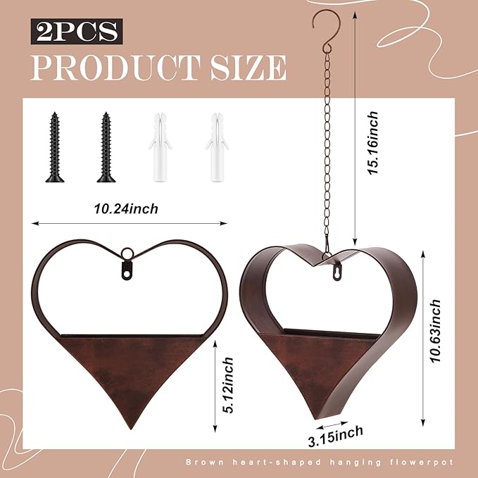 2 Pack Metal Plant Hangers Indoor and Outdoor Rustic Heart Shape Hanging Planters Holder Detachable Flower Pot with Hooks Chains Drain Hole Gifts for Valentine Women Mom Garden Lover Home Decor Romooa