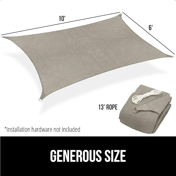 GORILLA GRIP Heavy Duty Sun Shade, UV Protection Fade Tear and Rust Resistant Rectangle Sunshade Canopy, Curved Edges Blocks Sunlight, Breathable Sail, Outdoor Patio, Lawn Garden, 6x10 FT Gray GorillaGrip