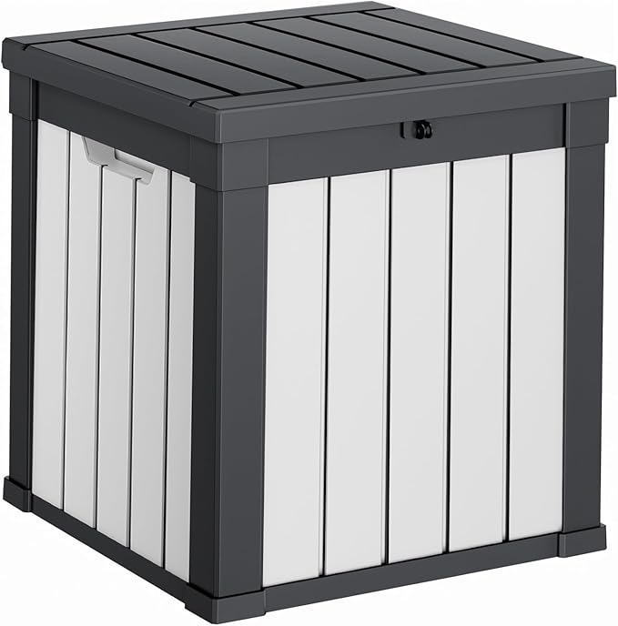 DRATO 51 Gallon Deck Boxes Resin Outdoor Storage Box UV Resistant Outside Deck Box with Lockable Lid for Patio Furniture（Black and White，51 Gallon） DRATOprovidesawarmandcozy