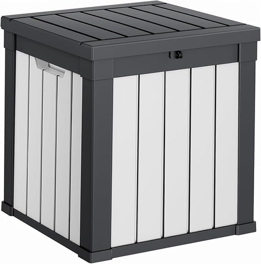 DRATO 51 Gallon Deck Boxes Resin Outdoor Storage Box UV Resistant Outside Deck Box with Lockable Lid for Patio Furniture（Black and White，51 Gallon） DRATOprovidesawarmandcozy
