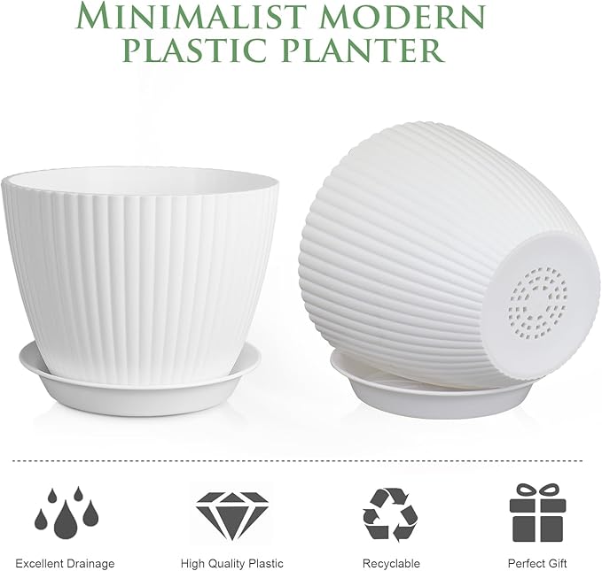 7/6.2/5.5/5/4.5/4 inch Plant Pots, 6 Pack Flower Pots for Small Indoor Outdoor Plants, Plastic Planters with Drainage Holes and Saucers for Garden Succulent House Plants, White Meowell