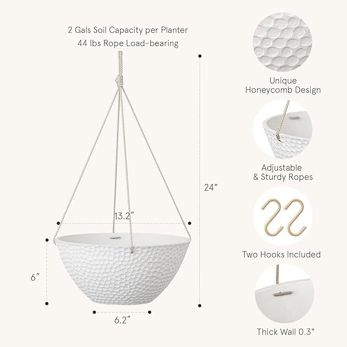 LA JOLIE MUSE Hanging Planters for Outdoor Plants, Large Hanging Planter with Drain Holes, Outdoor Hanging Flower Pots, White Stone, Honeycomb (13.2 Inch, Set of 2) LaJol%C3%ADeMuse