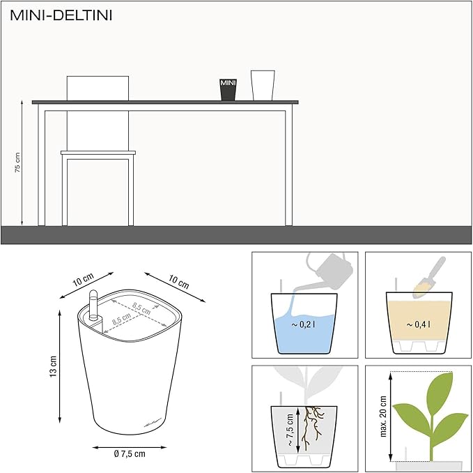 Lechuza MINI-DELTINI Cream White High Gloss, Self-Watering Small Indoor Planter, H5.1 L3.9 W3.9, 0.4L in LECHUZA