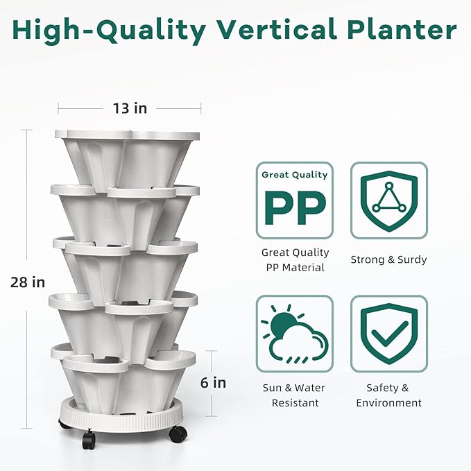 Strawberry Vertical Planter, Stacking Garden Tower, 5 Tiered Stackable Herb Vegetable Planters with Movable Casters and Bottom Saucer Indoor and Outdoor - Black Tectsia