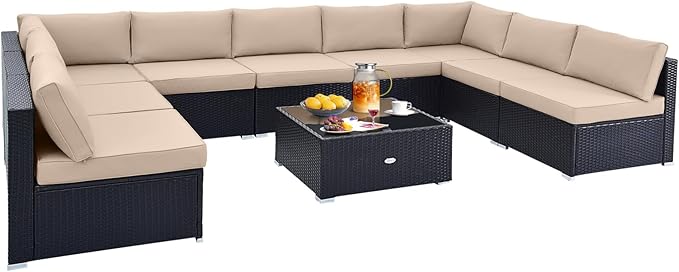 Tangkula 10 Pieces Patio Sofa Set, Outdoor Wicker Conversation Set with Soft Cushions, Tempered Glass Tabletop, Sofa Fastener Clips Included, Rattan Furniture Set for Backyard, Poolside (Beige) TANGKULA