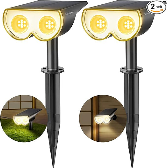 Consciot Solar Spot Lights Outdoor, 16 LEDs IP67 Waterproof Auto On/Off Landscape Spotlights, 2-in-1 Adjustable Wall Lights for Garden Yard Pathway, 2 Pack (Warm White) Consciot
