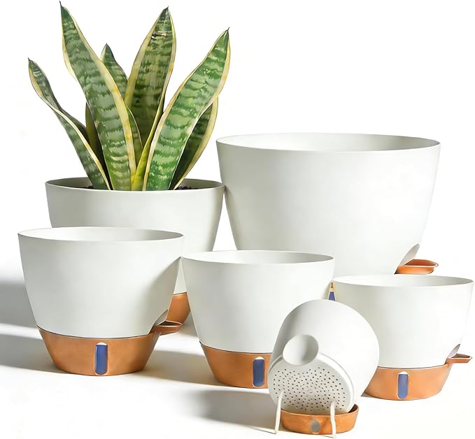 7/6.5/6/5.5/5 Inch Self Watering Pots, Plastic Flower Pots with Multi Mesh Drainage Holes and Deep Reservoir for Indoor Outdoor Garden Plants and Flowers (White, 5/5.5/6/6.5/7/8) Rootora