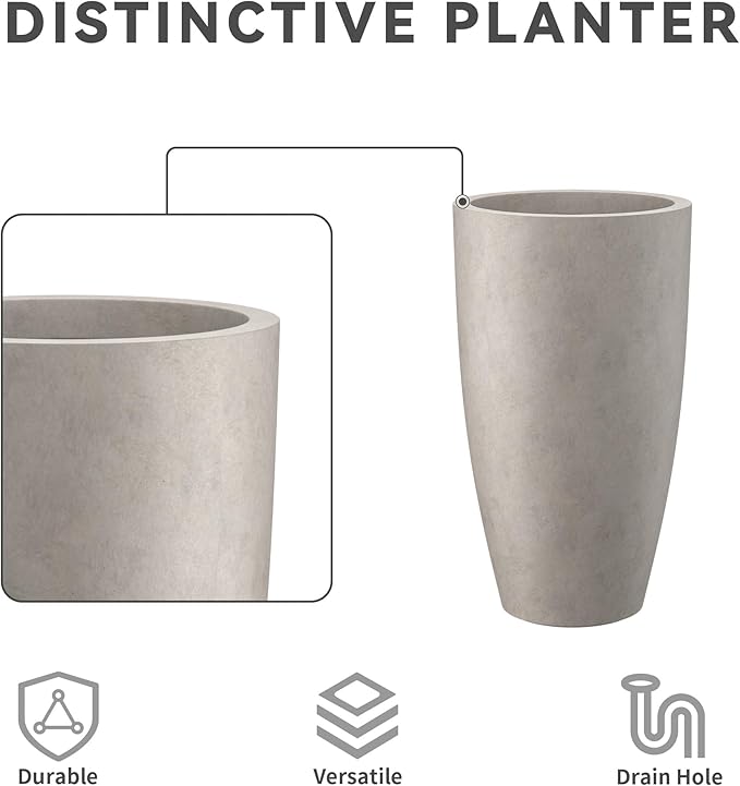 Kante 23.6" H Weathered Concrete Tall Planters (Set of 2), Large Outdoor Indoor Decorative Plant Pots with Drainage Hole and Rubber Plug, Modern Style for Home and Garden Kante