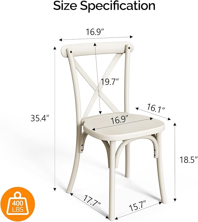 VINGLI Plastic Outdoor Dining Chairs Set of 4, Stackable Patio Cream White Dining Chairs with X Back, Waterproof Kitchen & Dining Room Chairs for Indoor-Outdoor, Capacity 400 lbs VINGLI