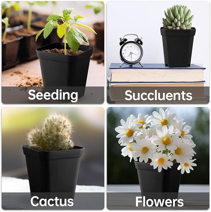 80 Pcs Nursery Pots 4 Inch, Plastic Seed Starting Pot with Drainage Holes, Sturdy Seedling pots for Planting, Succulents, Transplanting, Cuttings (Black) BTPLASTIK