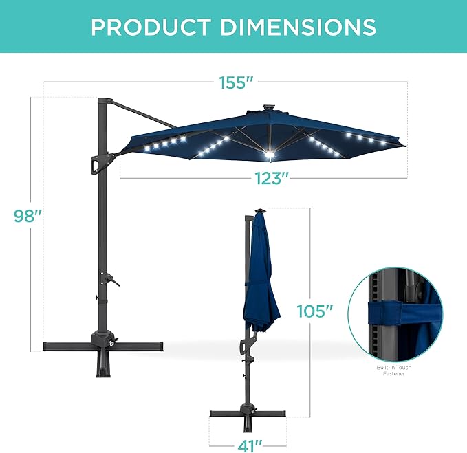 Best Choice Products 10ft Solar LED Cantilever Patio Umbrella, 360-Degree Rotation Hanging Offset Market Outdoor Sun Shade for Backyard, Deck, Poolside w/Lights, Easy Tilt, Cross Base BestChoiceProducts