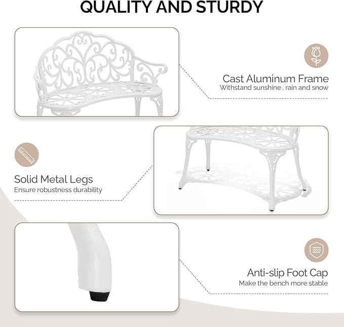 VINGLI 38.5" Patio Park Garden Outdoor Metal Rose Bench, 2-Person Cast Iron Cast Aluminium Frame Antique Finish Chair,Accented Lawn Front Porch Path Yard Decor Deck Furniture (White, Butterfly) VINGLI