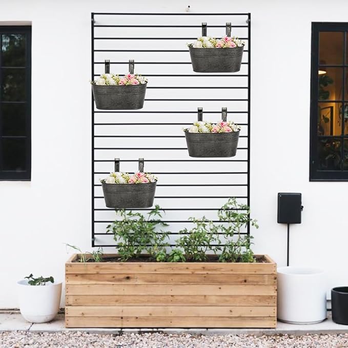 Briful 10'' Hanging Planter Outdoor 5PCS Metal Railing Planter for Herb Flower, Oval Galvanized Buckets with Detachable Hooks, Garden Fence Balcony Windowsill Hanging Pot, Black Briful