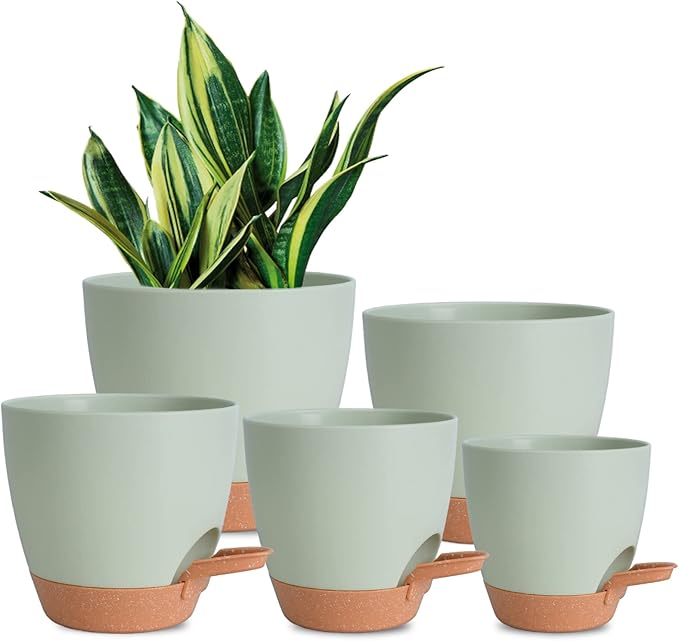 Plant Pots Indoor 7/6.5/6/5.5/5 Inch Self Watering Planters for Indoor Plants with Drainage Hole, Plastic Flower Pots for Succulents, African Violet (Green) Vanslogreen