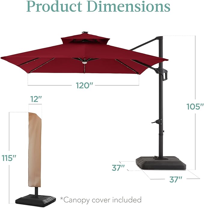 Best Choice Products 10x10ft Cantilever Patio Umbrella w/Base Included, Solar LED Lights 360 Rotation Large Offset Hanging Outdoor Shade for Deck Pool Backyard w/Stand – Burgundy BestChoiceProducts