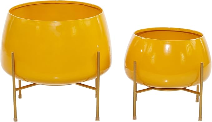 Deco 79 Metal Indoor Outdoor Planter Small Planter Pot with Removable Stand, Set of 2 Planters 8", 10"H, Yellow Deco79