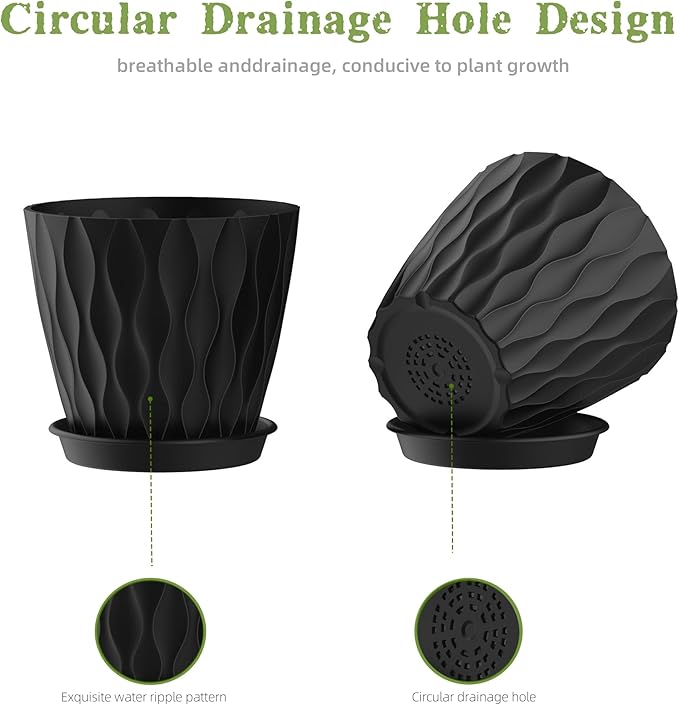4 Inch Plant Pots, 6 Pack Indoor Flower Pots, Planters with Drainage Holes and Trays for Orchids, Violets, Succulents, Herbs, and Other Plants, Black SQKH