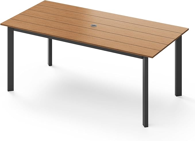 67" Rectangle HDPS Patio Dining Table, Aluminum Outdoor Patio Dining Table with Umbrella Hole, Weather-Resistant for Lawn, Garden, Yard, Poolside and Indoor Use (Gray & Teak) Oasbira