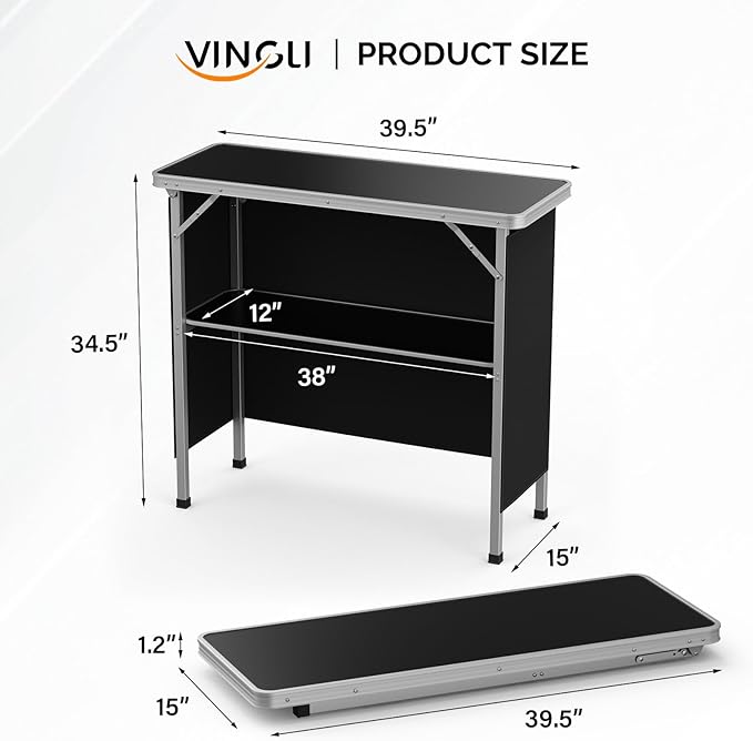 VINGLI Portable Bar Table, 2-Tier Shelves, Mobile Bar Table for Events, Party, Camping, Picnic, Tradeshow, Indoor with Black Skirt, 39 "L x 34" H VINGLI