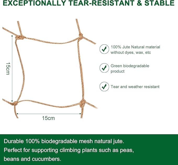 Jute Trellis Netting - Jute Netting for Garden, Heavy Duty Plant Support Netting for Climbing Plants, Cucumber, Vine, Fruits & Vegetables, Climbing Vining Plants (6.6 Ft x 32.8 Ft, 5.9 Inch Squares) Miuezuth