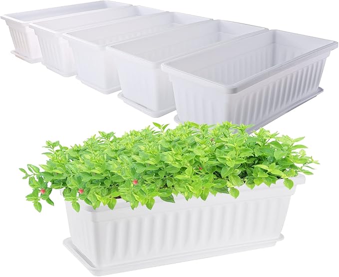 GREANER Plastic Flower Boxes Rectangle, 6 Pack Large Long Planter 16.9x7.48Inch Modern Thicken Vegetable Plant Pot with Tray for Garden, Kitchen, Houses, Offices, Balcony, Outdoor Indoor Use - White GREANER