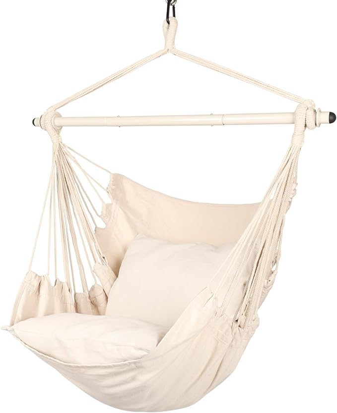 Highwild Hammock Chair Hanging Rope Swing - Max 500 Lbs - 2 Cushions Included - Steel Spreader Bar with Anti-Slip Rings - for Any Indoor or Outdoor Spaces (Beige) Highwild