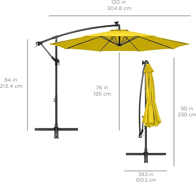 Best Choice Products 10ft Solar LED Offset Cantilever Hanging Market Patio Umbrella, 8 Sturdy Ribs, Easy Adjustment - Yellow BestChoiceProducts