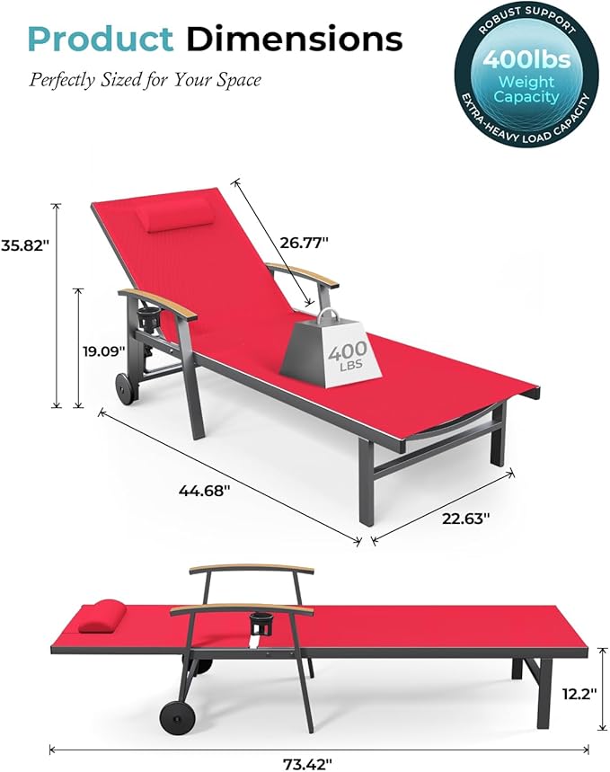 Ciokea Outdoor Lounge Chair with Pillow Set of 4, 5-Position Chaise Lounge with Wheels & Armrests, 400 lbs Heavy Duty Aluminum Pool Lounge Chairs, for Beach, Deck, Poolside & Backyard, Red CIOKEA
