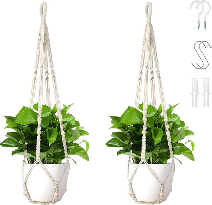 Macrame Plant Hanger Set of 2, 35 Inch Indoor Hanging Planter with 4 Hooks, Macrame Plant Hangers for Pots, No Tassels Boho Home Decor, Ivory (Pots Not Included) Wdmxszdq