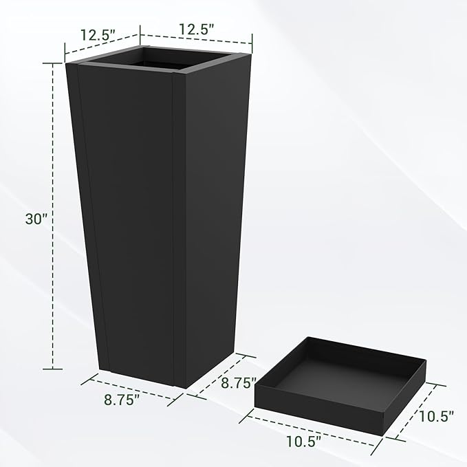 Tall Planters 30" H - 2 Pack, Tapered Pots with Drainage Insert Shelve & Trays, Metal Outdoor Planter Box for Porch, Garden, Patio, Yard (Black) Toriexon
