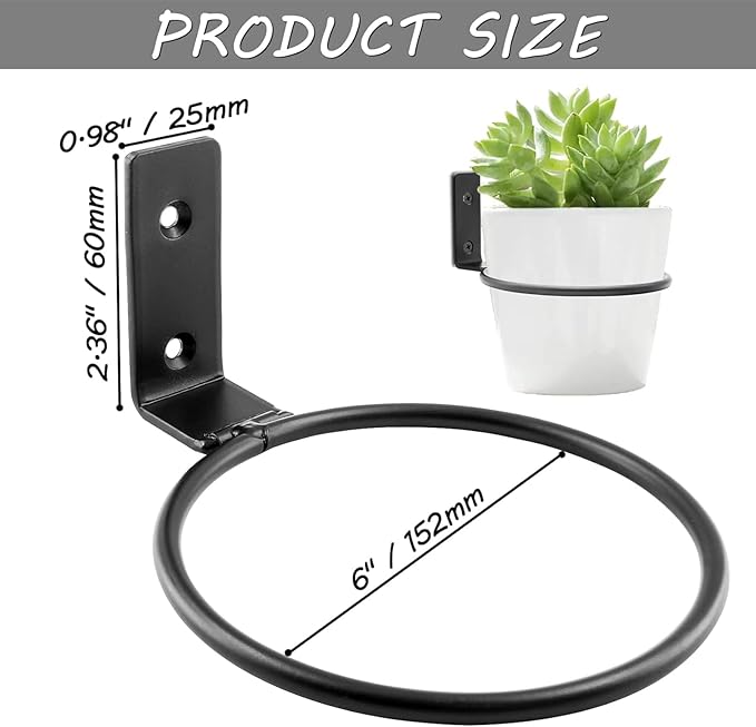 6 Pack 6 Inch Flower Pot Holder Ring, Wall Mounted Metal Planter Hanger, Matte Black, Iron Jiozermi