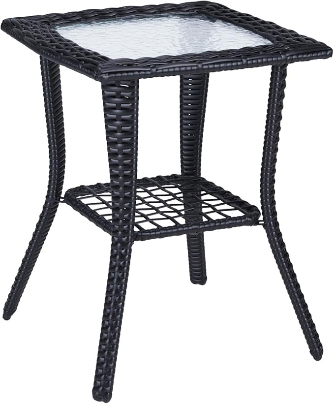 VINGLI Outdoor Side Table with Storage Wicker Patio Side Table, Tempered Glass Top End Table for Balcony Porch Deck (Black) VINGLI