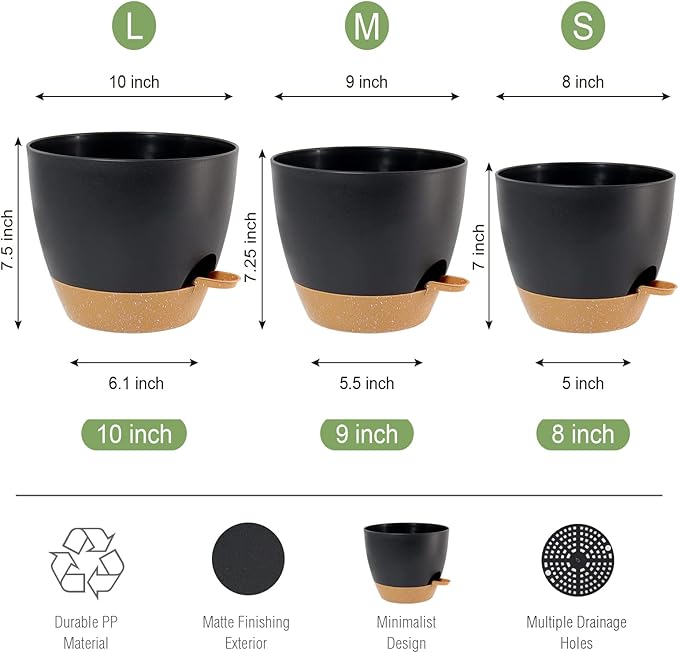 10/9/8 inch Self Watering Pots, Set of 3 Plastic Planters with Mesh Drainage Holes and Deep Reservoir for Indoor Outdoor Garden Plants and Flowers, Black with Brown UOUZ