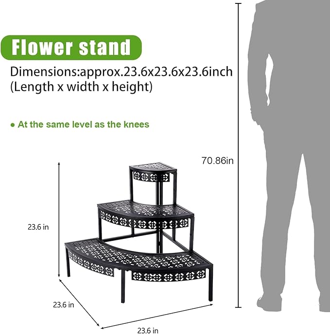 3 Tier Plant Stand Semi-Circular Flower Pot Organizer Rack Quarter Round Plant Display Holder Outdoor Storage Shelves Metal Corner Shelf Planter Shelving Ladder Plant Stand for Indoor Use(Black) Garden4you