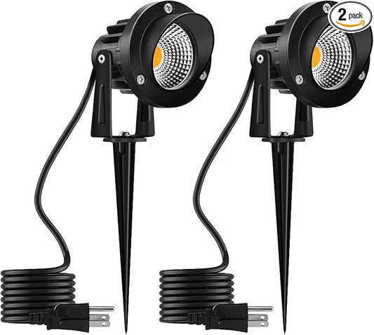 Romwish 120V LED Landscape Spotlights, 10W Outdoor Spotlights for Yard, 3000K Warm White, 120V AC Spot Light with Ground Spike, Waterproof Landscape Lighting for House Garden Lawn Decorative - 2 Pack ROMWISH