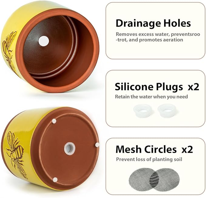 YBX Terracotta Pots Inch with Drainage Holes, Bee Decor, Ceramic Pots for Indoor Plants Flower Pots Outdoor, Succulent, Herbs, Snake Plants (Yellow, 6+4 Inch) YBXYIBOXUAN