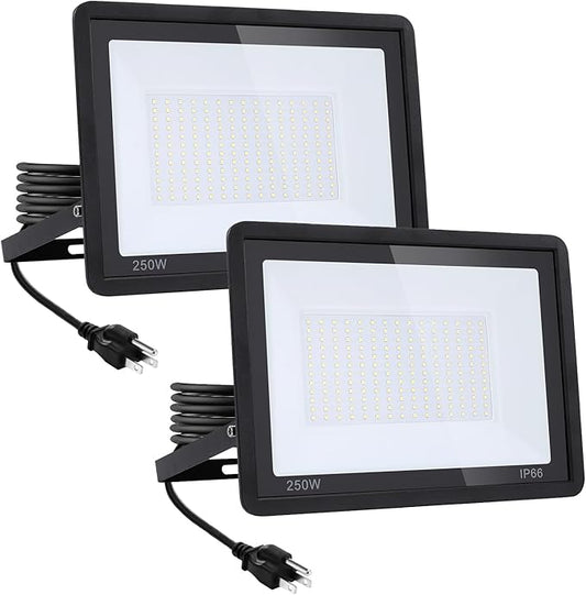 2Pack-250W LED Flood Light Outdoor,27500lm LED Work Light with 6FT US Plug,IP66 Waterproof Exterior Security Lights,6000K Daylight White Outside Floodlights Slim design for Playground Yard Stadium Lingwarm