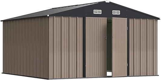 Greesum 10×10FT Outdoor Storage Shed, Metal Patio Storaged Sheds with Lockable Doors, Sheds & Outdoor Storage for Bike, Backyard, Pool and Garden, Brown BuynowfromGreesum