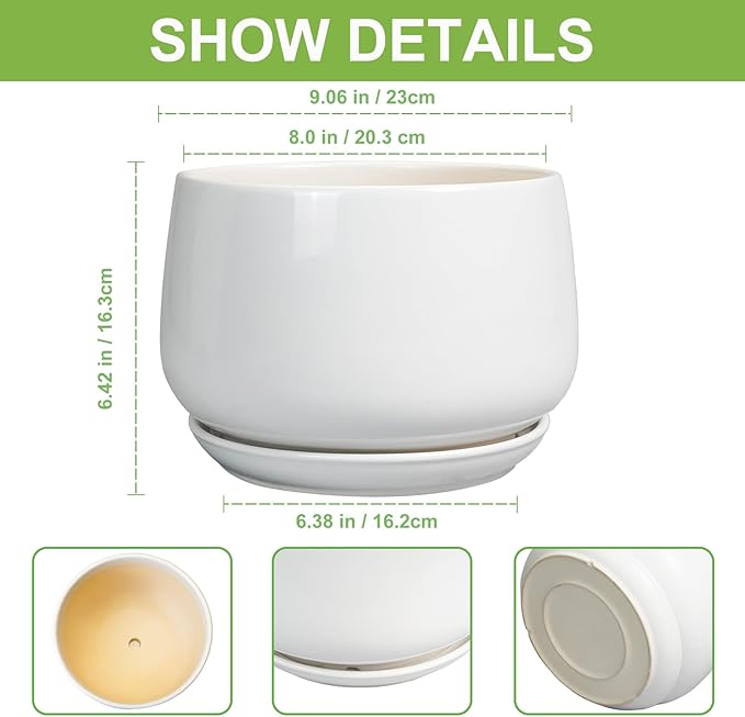 G EPGardening Ceramic Planter 9 Inch - Plant Pots with Drainage and Ceramic Saucer, Flower Pots for Indoor Plants, Modern Outdoor Planter, Living Room Decor, Gifts for Plant Lovers, White GEPGardening